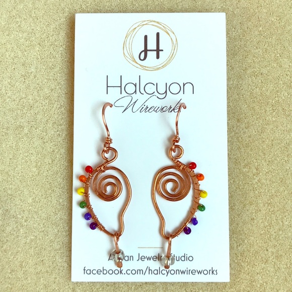 Copper Wire Rainbow Bead Spiral Dangle Earrings - Picture 1 of 5